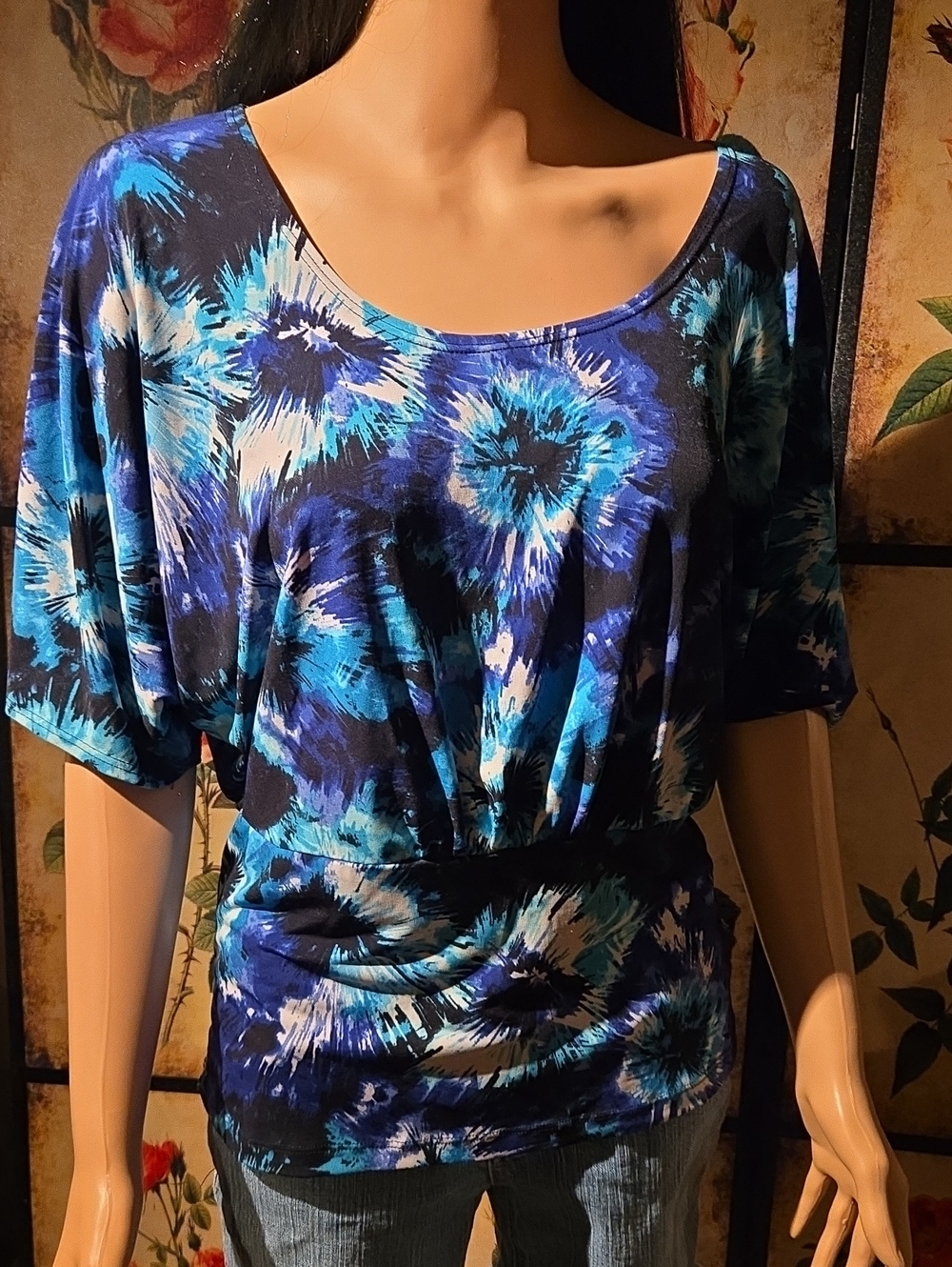 Vintage Suzie Blue Floral Print Dolman Tunic: XL: C